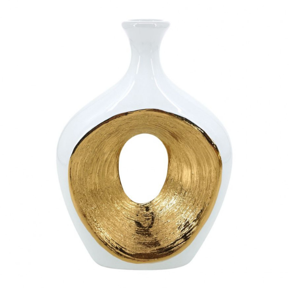 Abstract Sculptural Ceramic Vase with Unique Oval Cut-Out Design – 13" Modern Beaded Accent Vase for Tabletop or Shelf Décor, Ideal for Faux Florals and Statement Styling