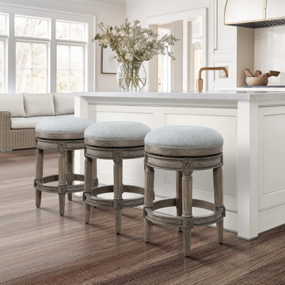 Backless Swivel 26" Counter-Height Bar Stool – Elegant Linen Upholstery with Nail Head Trim, 360-Degree Swivel, and Metal Footrest for Stylish Kitchen or Bar Seating