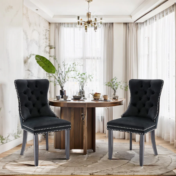 Upholstered Tufted Dining Chairs with Curved Back & Nailhead Detail – Set of 2