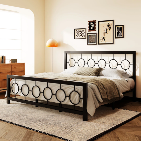 Modern King Size Metal Open-Frame Platform Bed with Art Deco-Inspired Circle Medallion Details – Sleek, Clean-Lined Design with Sturdy Metal Frame and Minimalist Aesthetic