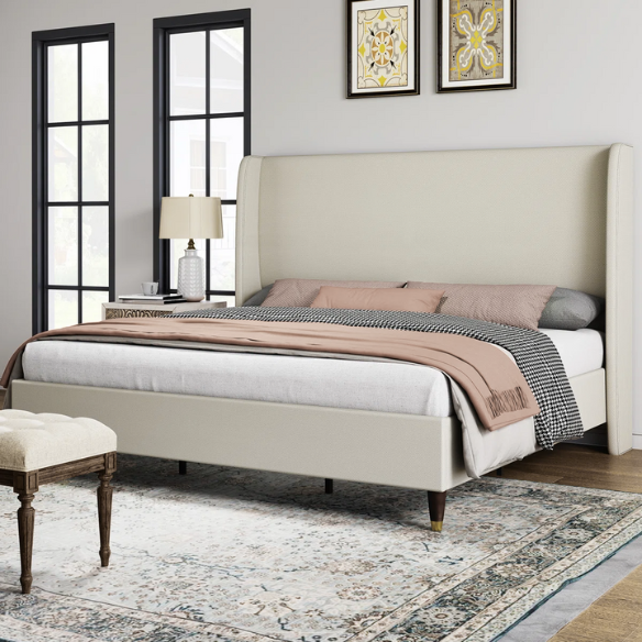 King Size Upholstered Platform Bed with Wingback Design, Foam-Padded Linen Headboard, and Steel Reinforced Frame