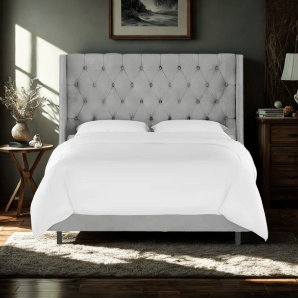Chic Upholstered Wingback King Size Bed with Button Tufting and Nailhead Trim