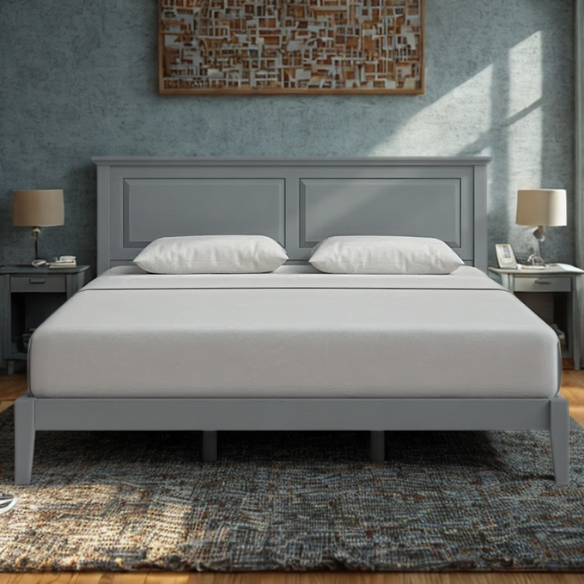 King Size Solid Oak Platform Storage Bed with Inset Panel Headboard, Molding Detail, and Slat System