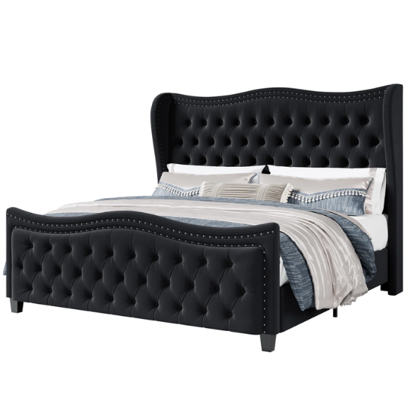 Gem-Tufted Queen Size Upholstered Wingback Bed with Curved Design