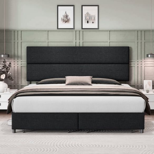 Linen Upholstered Bed Frame – Full/Double Size with Height Adjustable Headboard & 2 Built-In Storage Drawers