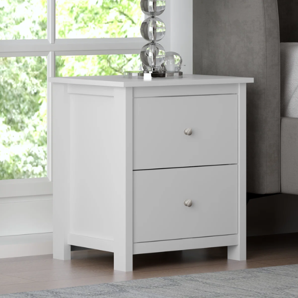 2-Drawer Nightstand – Neutral Engineered Wood, Streamlined Rectangular Design, Four Block Legs, Convenient Storage with Roller-Glide Drawers & Metal Knobs, Perfect for Traditional & Contemporary Bedroom