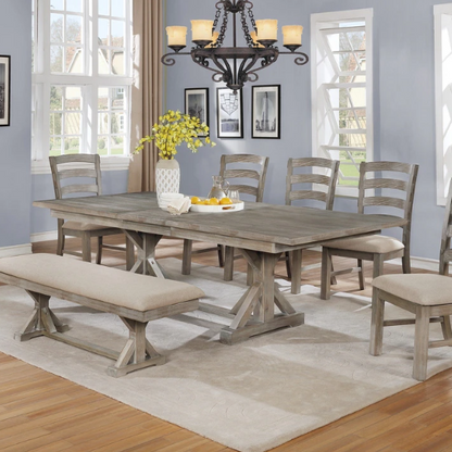 7-Piece Rustic Trestle Dining Set – Upholstered Chairs & Bench