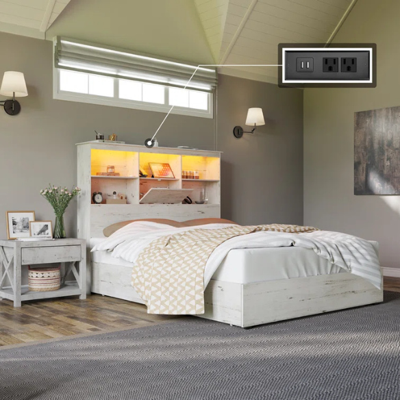 Innovative LED Bookcase Bed – Full/Double Size with Built-In Storage, Sleek Design, and LED Lighting for Modern Living