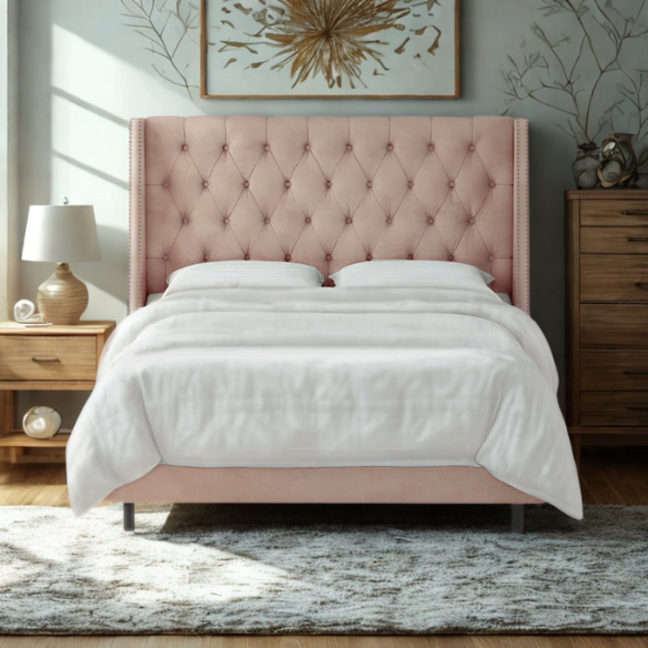 Chic Upholstered Wingback King Size Bed with Button Tufting and Nailhead Trim