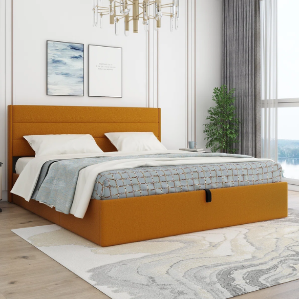 Elegant Hydraulic Lift Upholstered Storage Bed with Wingback Headboard, Linen Fabric, Button-Tufted Detailing, and Ample Under-Bed Storage for Bedding and Seasonal Items