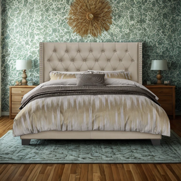 Queen Size Upholstered Low Profile Bed with Glamorous Button Tufted Foundation – Elegant and Timeless Design