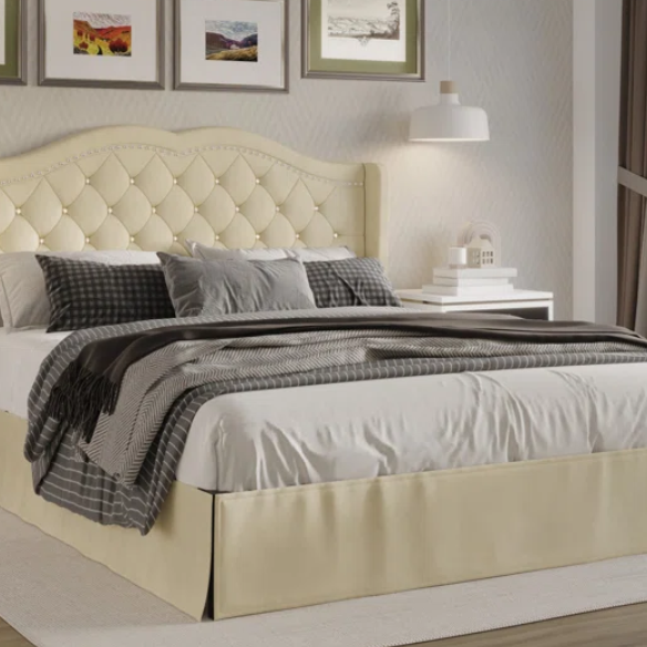 Luxurious King Size Upholstered Wingback Platform Bed with Velvet Fabric, Foam-Padded Camelback Headboard, Diamond Tufting, Nailhead Trim, and Included Bed Skirt for Hidden Storage
