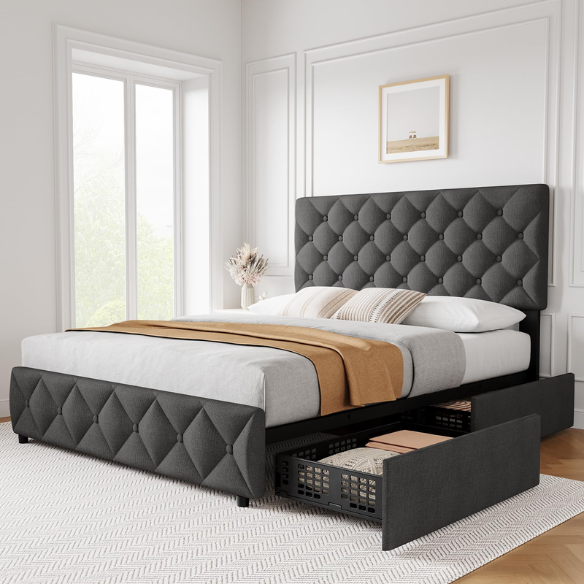 Soft Linen Fabric Upholstered Platform Bed – Double Size with Four Built-In Storage Drawers for Space-Saving & Style