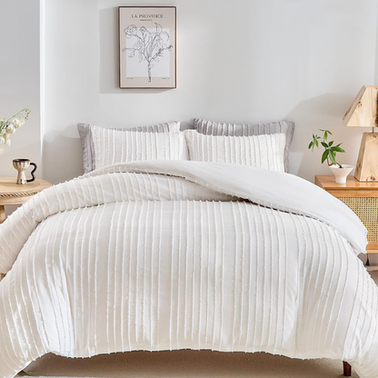 Luxurious Tufted Duvet Cover Set – Queen Size | Striped Textured Boho Bedding | Ultra-Soft Washed Microfiber | 3-Piece Set