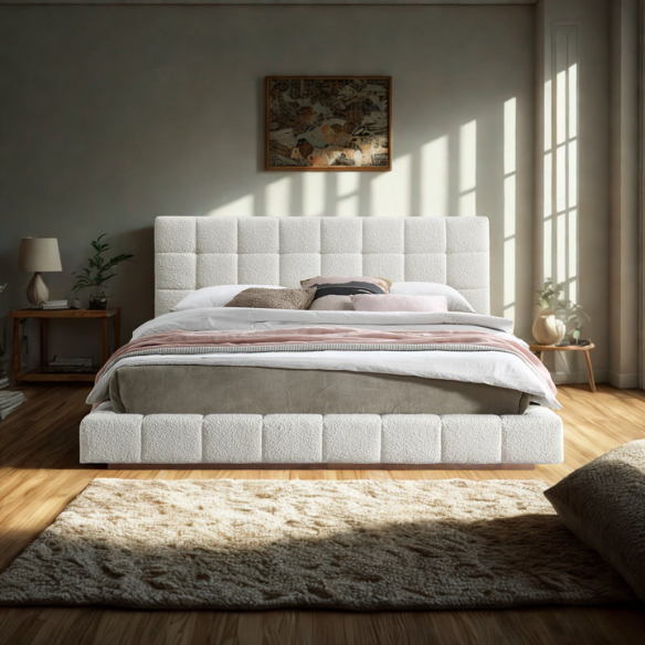 King Size Upholstered Platform Bed with Luxurious Tufted Bouclé Fabric – Modern Elegance, Timeless Sophistication, and Superior Craftsmanship for Your Bedroom Sanctuary