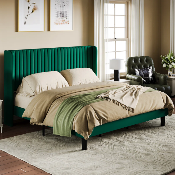 Luxurious King Size Upholstered Velvet Platform Bed with Modern Wingback Headboard – Heavy-Duty Steel Frame, No Box Spring Needed, and Ample Under-Bed Storage