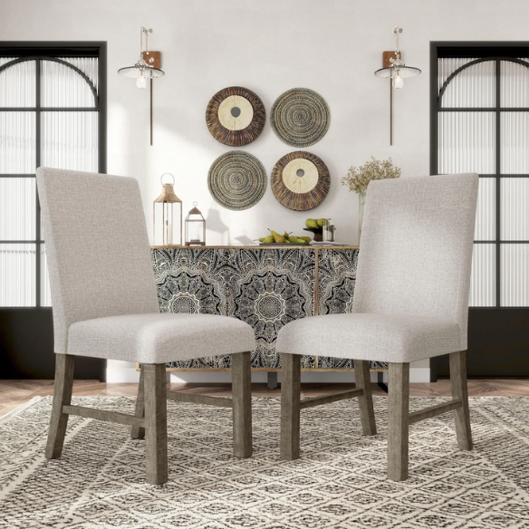 Modern Farmhouse Grey Upholstered Side Dining Chairs (Set of 2) – Neutral Fabric Seating with Wood Frame