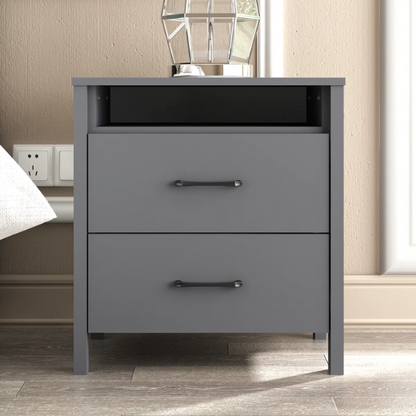 22.7" 2-Drawer Nightstand – Space-Saving Modern Minimalism, Engineered Wood with Clean-Lined Silhouette, Neutral Finish, Open Cubby & 2 Spacious Drawers for Bedroom Storage, Ideal for Tech & Accessories