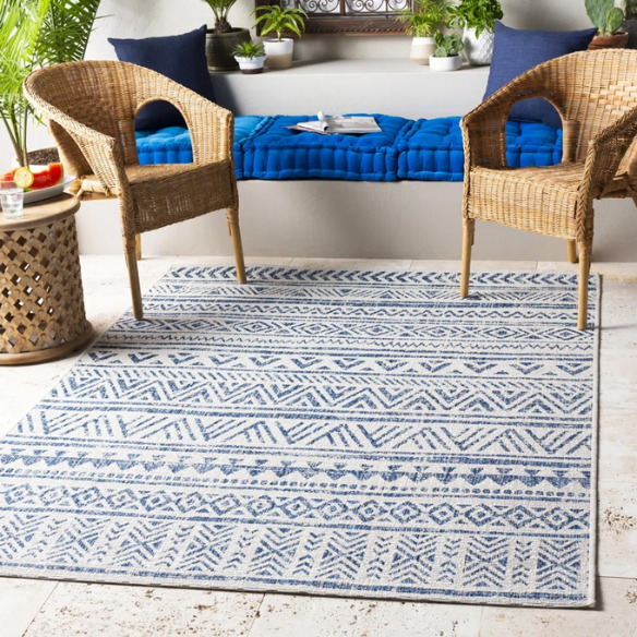 Striped Geometric Area Rug – Blue & Cream White, Durable Polypropylene, Low-Pile Design for High-Traffic Indoor/Outdoor Spaces