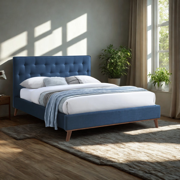 Modern Upholstered Platform Bed with Button Tufting and Eucalyptus Wood Frame – King Size