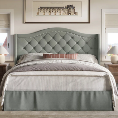 Elegant King Size Upholstered Platform Bed with Arched Camelback Headboard – Nailhead Trim, Diamond Tufting, and Foam Cushioning for Ultimate Comfort