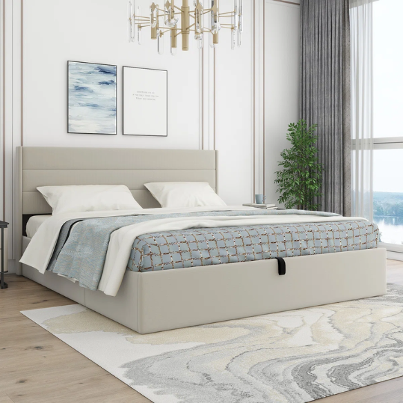 Elegant Hydraulic Lift Upholstered Storage Bed with Wingback Headboard, Velvet Fabric, Button-Tufted Detailing, and Ample Under-Bed Storage for Bedding and Seasonal Items