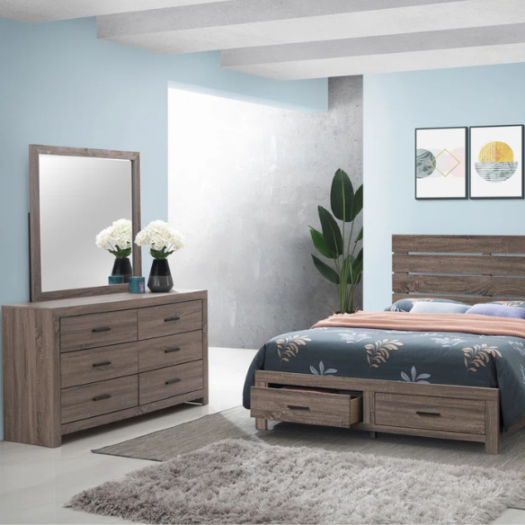 Rustic Charm 4-Piece Platform Queen Bedroom Set – Includes Bed, Nightstand, Dresser, and Mirror with Spacious Storage and Dark Bronze Pull Handles