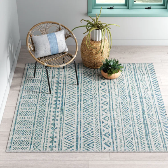Striped Geometric Area Rug – Aqua & Taupe, Durable Polypropylene, Low-Pile Design for High-Traffic Indoor/Outdoor Spaces