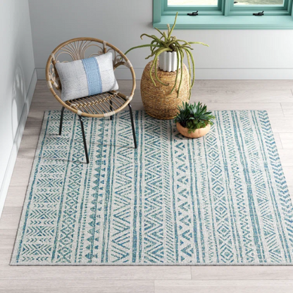 Striped Geometric Area Rug – Aqua & Taupe, Durable Polypropylene, Low-Pile Design for High-Traffic Indoor/Outdoor Spaces