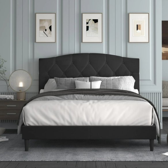 King Size Upholstered Platform Storage Bed with Button Tufted Headboard and Low-Profile Frame – Contemporary Glam Design
