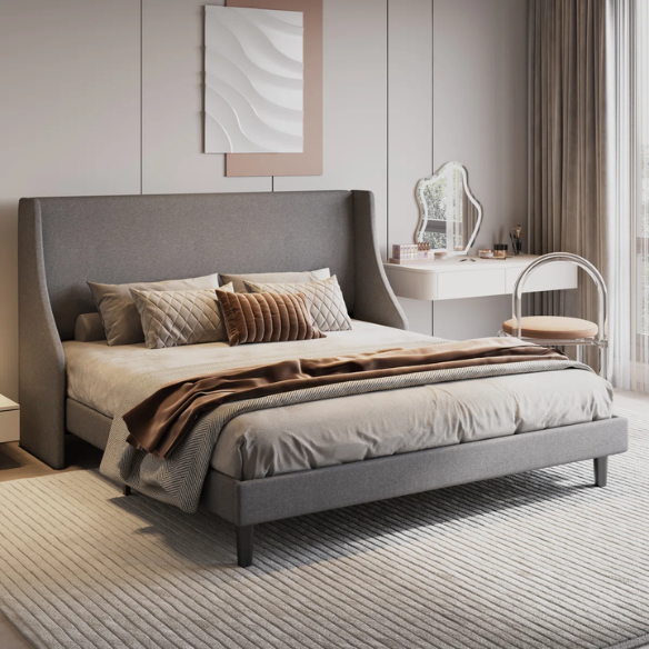 Luxurious King Size Upholstered Platform Bed with Deluxe Wingback Headboard – Soft Velvet and Linen Blend Upholstery, Sturdy Solid Wood Frame, and Modern Minimalist Design for Ultimate Comfort