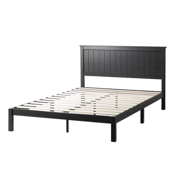 Modern Farmhouse King Size Solid Wood Platform Bed with Slat-Style Headboard and Matte Black Finish