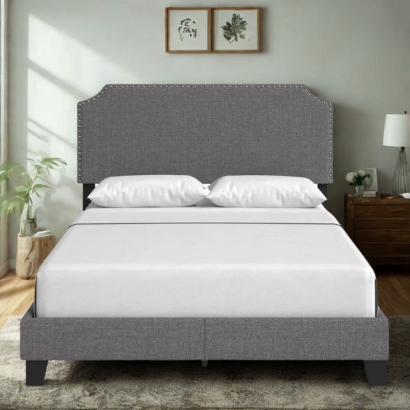 King Size Upholstered Standard Bed with Scooped Corner Headboard, Nailhead Trim, and Tapered Support Feet – Neutral Gray Polyester Fabric