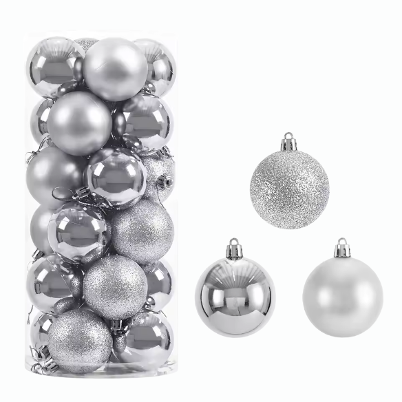 Silver Christmas Ball Ornaments – 24-Piece Set, Shatterproof Holiday Decorations (Available in 3 cm, 4 cm, and 6 cm)