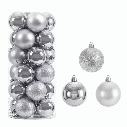 Silver Christmas Ball Ornaments – 24-Piece Set, Shatterproof Holiday Decorations (Available in 3 cm, 4 cm, and 6 cm)