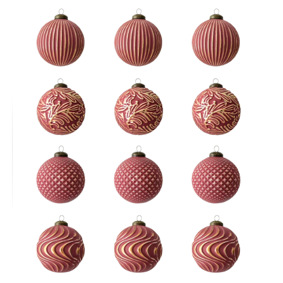 Red & Gold Embossed Christmas Ornaments – Elegant Holiday Bauble Set (12 Pieces)