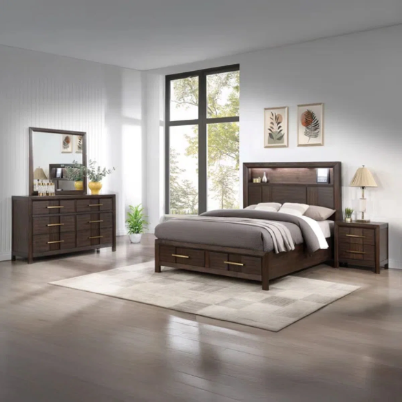 Elegant Platform Storage 4-Piece Queen Bedroom Set – Timeless Design with Modern Functionality, Includes Bed, Dresser, Mirror, and Nightstand