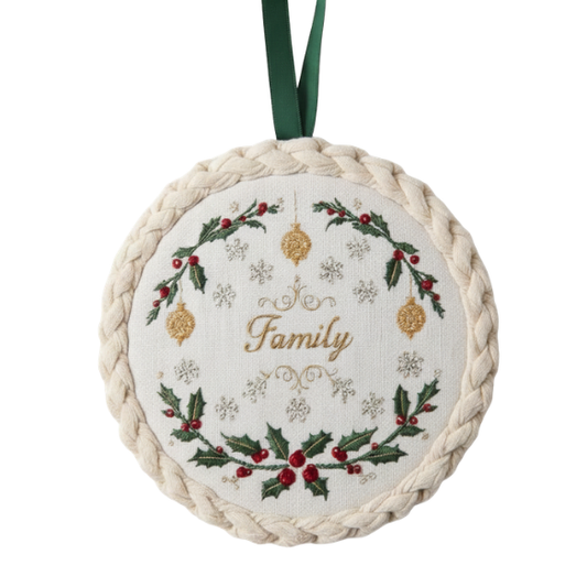 Family Holly Embroidered Christmas Ornament With Braided Beige Border