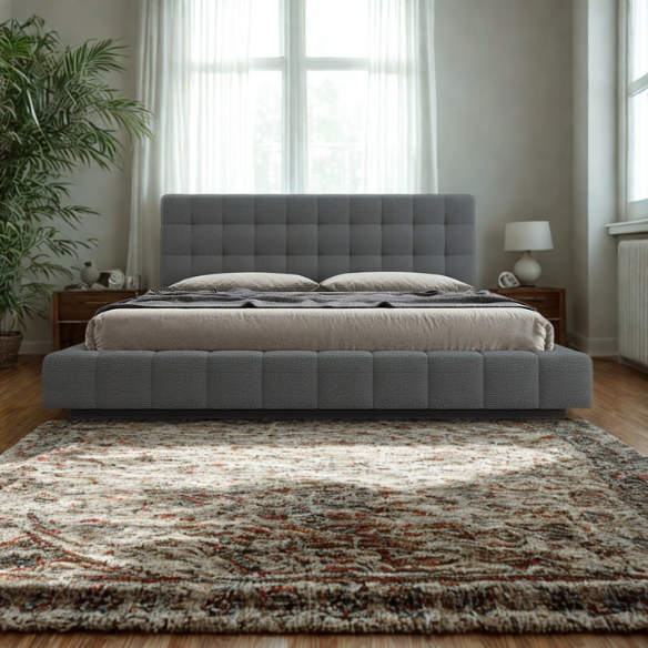 Upholstered Platform Bed with Square-Tufted Headboard, Basketweave Design, and Solid Eucalyptus Wood Frame – No Box Spring Needed