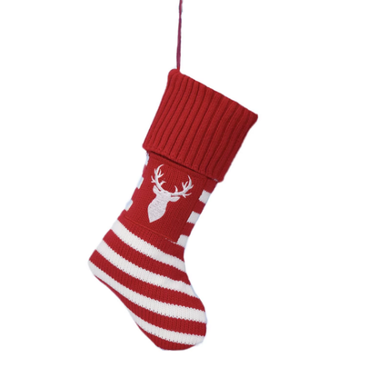 Red & White Striped Christmas Stocking with Embroidered White Reindeer – Holiday Decor & Gift Bag
