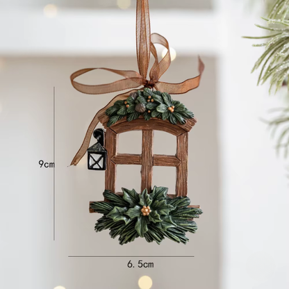 Rustic Window Frame Christmas Ornament with Lantern and Greenery – Farmhouse Holiday Décor