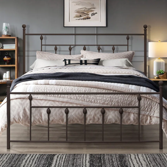 King Size Metal Open-Frame Platform Bed with Spindle Accents, Storage Footboard, and Slat Kit – No Box Spring Needed, Ideal for Farmhouse to French Country Styles