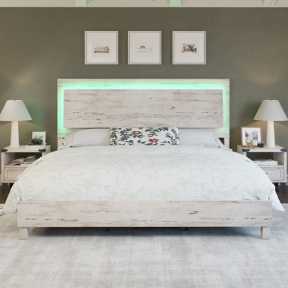 Modern King Size Wood Bed Frame with LED-Integrated Headboard & Adjustable Features for Ultimate Comfort