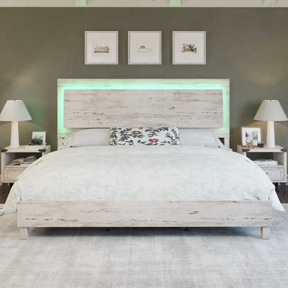 Modern King Size Wood Bed Frame with LED-Integrated Headboard & Adjustable Features for Ultimate Comfort