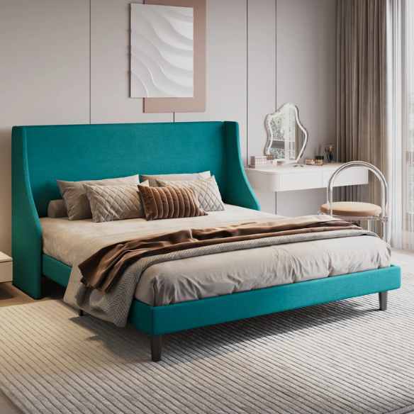 Luxurious King Size Upholstered Platform Bed with Deluxe Wingback Headboard – Soft Velvet and Linen Blend Upholstery, Sturdy Solid Wood Frame, and Modern Minimalist Design for Ultimate Comfort