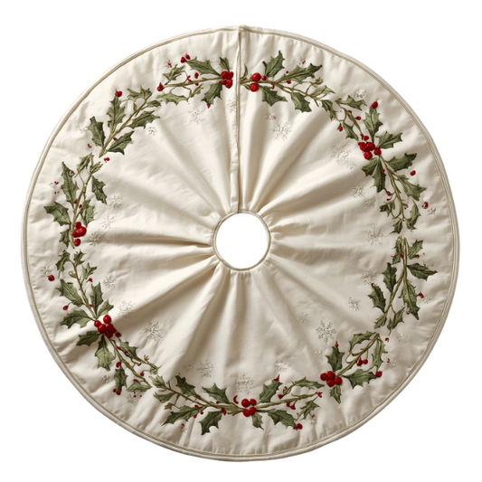 Off-White Christmas Tree Skirt with Embroidered Holly and Ivy Wreath