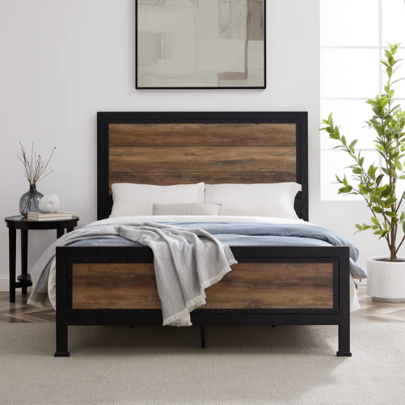 Rustic Industrial Queen Size Bed with Wood-Look Center – Sturdy and Stylish Design