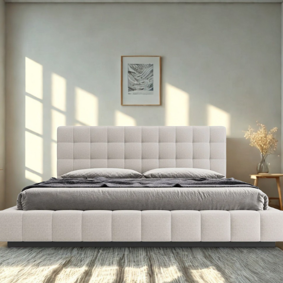 Upholstered Platform Bed with Square-Tufted Headboard, Basketweave Design, and Solid Eucalyptus Wood Frame – No Box Spring Needed