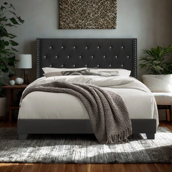 King Size Upholstered Low-Profile Bed with Wingback Headboard, Button Tufting, and Nailhead Trim – Glamorous, Traditional Design with Flared Legs