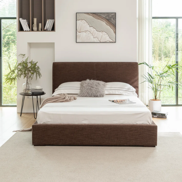 Elegant Brown Queen Size Upholstered Bed with Soft Bouclé Polyester Fabric – Modern and Stylish